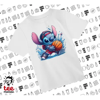 Stitch Basketball, Άνετο παιδικό T-Shirt ΛΕΥΚΟ από 100% βαμβάκι, για κάθε μέρα. Vegan & OEKO-TEX πιστοποιημένο.