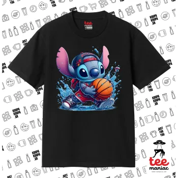 Stitch Basketball, Κλασικό T-Shirt, διπλής ραφής, χωρίς πλευρικές ραφές ΜΑΥΡΟ από 100% βαμβάκι. Vegan & OEKO-TEX πιστοποιημένο.
