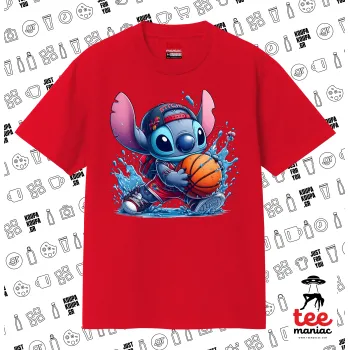 Stitch Basketball, Κλασικό T-Shirt, διπλής ραφής, χωρίς πλευρικές ραφές ΚΟΚΚΙΝΟ από 100% βαμβάκι. Vegan & OEKO-TEX πιστοποιημένο.