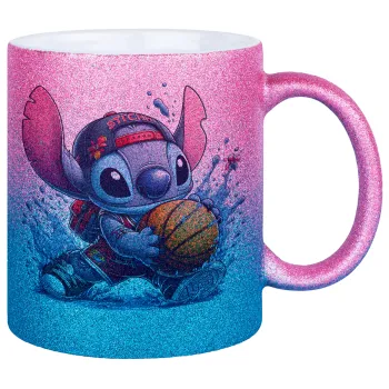 Stitch Basketball, Κούπα Χρυσή/Μπλε Glitter, κεραμική, 330ml