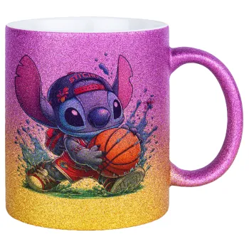 Stitch Basketball, Κούπα Χρυσή/Ροζ Glitter, κεραμική, 330ml
