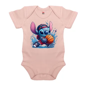 Stitch Basketball, Βρεφικό φορμάκι μωρού, 0-18 μηνών, ΡΟΖ POWDER, 100% Organic Cotton, κοντομάνικο