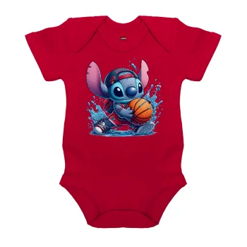 Stitch Basketball, Βρεφικό φορμάκι μωρού, ΚΟΚΚΙΝΟ, 100% Organic Cotton, κοντομάνικο