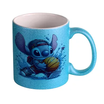 Stitch Basketball, Κούπα Σιέλ Glitter που γυαλίζει, κεραμική, 330ml