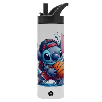 Stitch Basketball, Μεταλλικό παγούρι θερμός με καλαμάκι & χειρολαβή, ανοξείδωτο ατσάλι (Stainless steel 304), διπλού τοιχώματος, 600ml