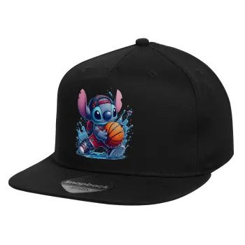 Stitch Basketball, Καπέλο παιδικό Flat Snapback, Μαύρο (100% ΒΑΜΒΑΚΕΡΟ, ΠΑΙΔΙΚΟ, UNISEX, ONE SIZE)