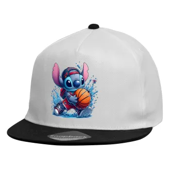 Stitch Basketball, Καπέλο παιδικό Flat Snapback, Λευκό (100% ΒΑΜΒΑΚΕΡΟ, ΠΑΙΔΙΚΟ, UNISEX, ONE SIZE)
