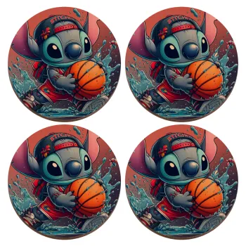 Stitch Basketball, ΣΕΤ x4 Σουβέρ ξύλινα στρογγυλά plywood (9cm)