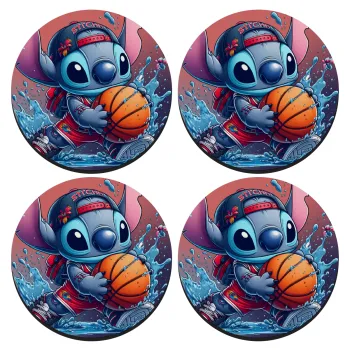 Stitch Basketball, SET of 4 round wooden coasters (9cm)