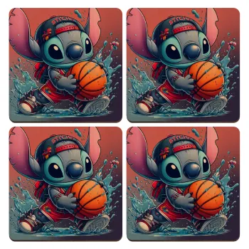 Stitch Basketball, ΣΕΤ x4 Σουβέρ ξύλινα τετράγωνα plywood (9cm)