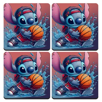 Stitch Basketball, ΣΕΤ 4 Σουβέρ ξύλινα τετράγωνα (9cm)