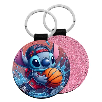 Stitch Basketball, Μπρελόκ Δερματίνη, στρογγυλό ΡΟΖ (5cm)