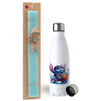 Stitch Basketball, Easter Set, metallic stainless steel water bottle (750ml) & aromatic flat Easter candle (30cm) (TURQUOISE)
