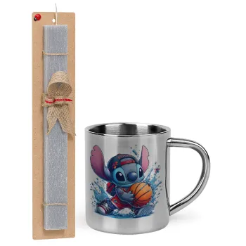 Stitch Basketball, Πασχαλινή Λαμπάδα με μεταλλική κούπα θερμό (300ml) & κερί αρωματικό πλακέ (30cm) (ΓΚΡΙ)