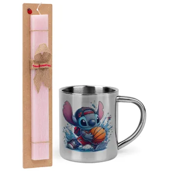 Stitch Basketball, Easter Set, metallic thermal cup (300ml) & aromatic flat Easter candle (30cm) (PINK)