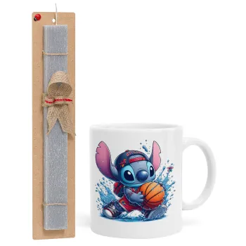 Stitch Basketball, Easter Set, Ceramic Cup (330ml) & Easter aromatic flat candle (30cm) (GRAY)