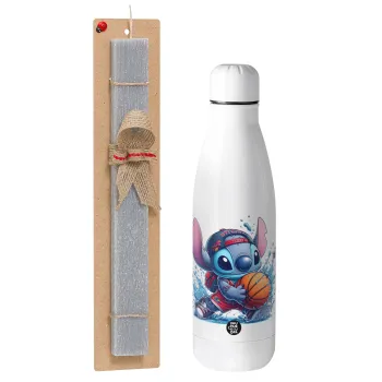 Stitch Basketball, Easter Set, metallic stainless thermos bottle (500ml) & scented flat Easter candle (30cm) (GRAY)