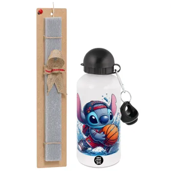 Stitch Basketball, Πασχαλινή Λαμπάδα με παγούρι μεταλλικό  αλουμινίου (500ml) & κερί αρωματικό πλακέ (30cm) (ΓΚΡΙ)