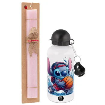 Stitch Basketball, Πασχαλινή Λαμπάδα με παγούρι μεταλλικό αλουμινίου (500ml) & κερί αρωματικό πλακέ (30cm) (ΡΟΖ)