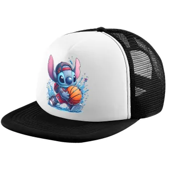 Stitch Basketball, Καπέλο παιδικό Soft Trucker με Δίχτυ ΜΑΥΡΟ/ΛΕΥΚΟ (POLYESTER, ΠΑΙΔΙΚΟ, ONE SIZE)