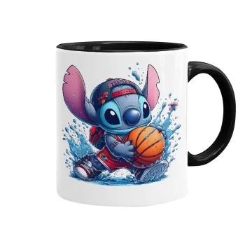 Stitch Basketball, Κούπα χρωματιστή μαύρη, κεραμική, 330ml