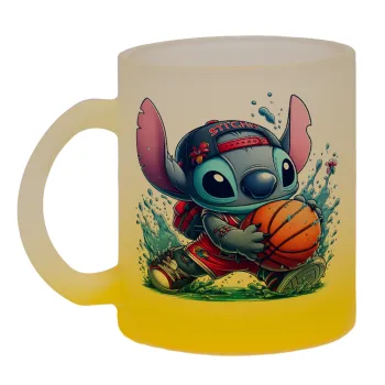 Stitch Basketball, Κούπα γυάλινη δίχρωμη με βάση το κίτρινο ματ, 330ml