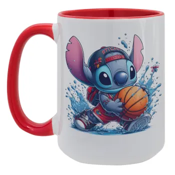Stitch Basketball, Κούπα Mega 15oz, κεραμική Κόκκινη, 450ml