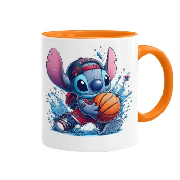 Stitch Basketball, Κούπα χρωματιστή πορτοκαλί, κεραμική, 330ml