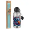 Easter Set, metallic silver aluminum water bottle (500ml) & scented flat Easter candle (30cm) (TURQUOISE)