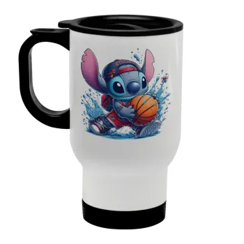 Stitch Basketball, Stainless steel travel mug with lid, double wall white 450ml