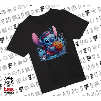 Stitch Basketball, Άνετο παιδικό T-Shirt ΜΑΥΡΟ από 100% βαμβάκι, για κάθε μέρα. Vegan & OEKO-TEX πιστοποιημένο.