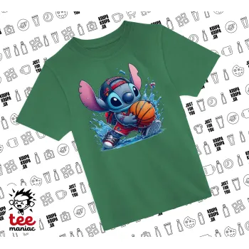 Stitch Basketball, Άνετο παιδικό T-Shirt ΠΡΑΣΙΝΟ από 100% βαμβάκι, για κάθε μέρα. Vegan & OEKO-TEX πιστοποιημένο.