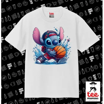 Stitch Basketball, Κλασικό T-Shirt, διπλής ραφής, χωρίς πλευρικές ραφές ΛΕΥΚΟ από 100% βαμβάκι. Vegan & OEKO-TEX πιστοποιημένο.