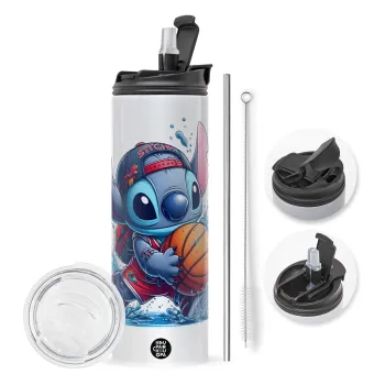 Stitch Basketball, Travel Tumbler θερμό με διπλό καπάκι, μεταλλικό καλαμάκι και βούρτσα καθαρισμού (Ανωξείδωτο 304 Food grade, BPA free, 600ml)