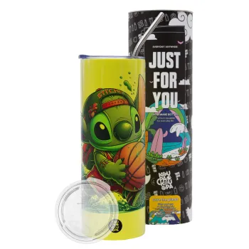 Stitch Basketball, Neon Yellow Travel Tumbler θερμό, μεταλλικό καλαμάκι(Ανωξείδωτο 304 Food grade, BPA free, 600ml)