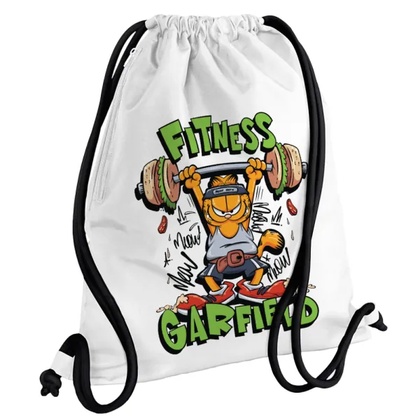 Garfield Fitness — Τσάντα πλάτης πουγκί GYMBAG λευκή, με τσέπη (40x48cm) & χονδρά κορδόνια