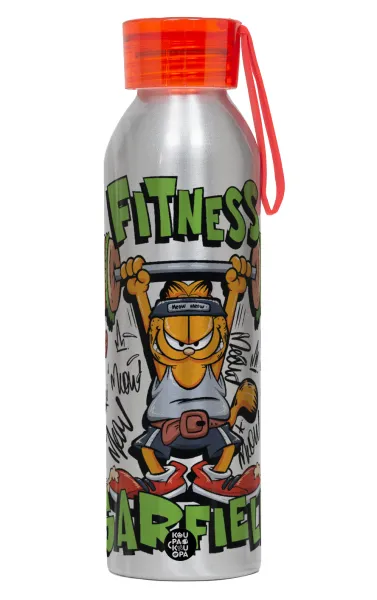 Garfield Fitness — Αλουμινένιο Αθλητικό Μπουκάλι 650ml – Ασημί με Κόκκινο Καπάκι και Λουράκι Σιλικόνης