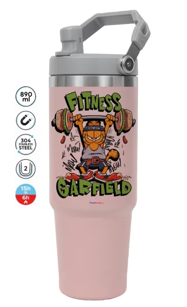 Garfield Fitness — ΡΟΖ Travel Tumbler Θερμός με χερούλι και καλαμάκι 890ml