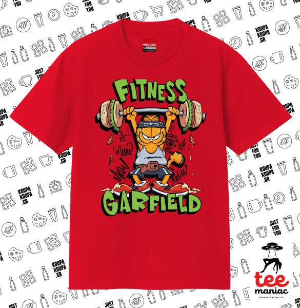 Garfield Fitness — ΚΟΚΚΙΝΟ Κλασικό T-Shirt, διπλής ραφής, χωρίς πλευρικές ραφές από 100% βαμβάκι. Vegan & OEKO-TEX πιστοποιημένο.