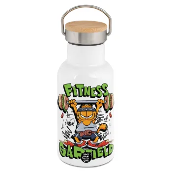 Garfield Fitness, Μεταλλικό παγούρι θερμός (Stainless steel) Λευκό με ξύλινο καπακι (bamboo), διπλού τοιχώματος, 350ml
