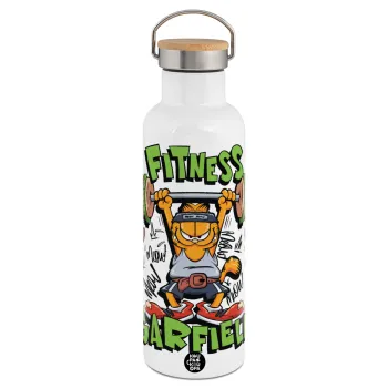 Garfield Fitness, Μεταλλικό παγούρι θερμός (Stainless steel) Λευκό με ξύλινο καπάκι (bamboo), διπλού τοιχώματος, 750ml