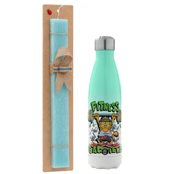 Garfield Fitness, Easter Set, Metallic green/white thermos (Stainless steel), double-walled, 500ml & scented flat Easter candle (30cm) (TURQUOISE)