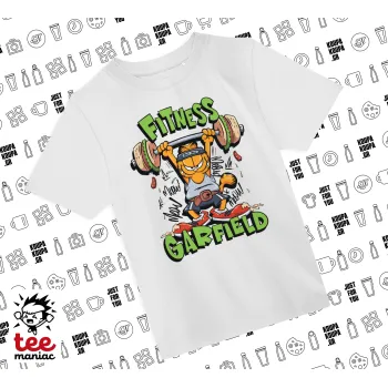 Garfield Fitness, Άνετο παιδικό T-Shirt ΛΕΥΚΟ από 100% βαμβάκι, για κάθε μέρα. Vegan & OEKO-TEX πιστοποιημένο.