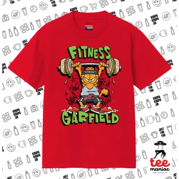 Garfield Fitness, Κλασικό T-Shirt, διπλής ραφής, χωρίς πλευρικές ραφές ΚΟΚΚΙΝΟ από 100% βαμβάκι. Vegan & OEKO-TEX πιστοποιημένο.