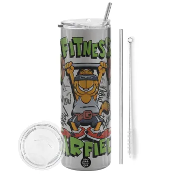 Garfield Fitness, Tumbler ποτήρι θερμό Ασημένιο από ανοξείδωτο ατσάλι 600ml, με μεταλλικό καλαμάκι & βούρτσα καθαρισμού