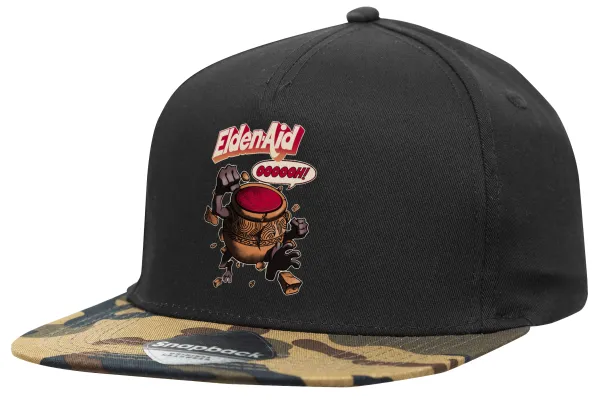Elden-Aid — Adult Flat Snapback Hat Black/Camouflage, (100% COTTON TWILL, ADULT, UNISEX, ONE SIZE)