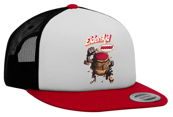 Elden-Aid — Adult Foam Flat Snapback with Mesh Red-White-Black (POLYESTER, ADULT, UNISEX, ONE SIZE)
