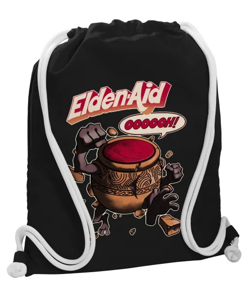 Elden-Aid — Backpack pouch GYMBAG Black, with pocket (40x48cm) & thick white cords