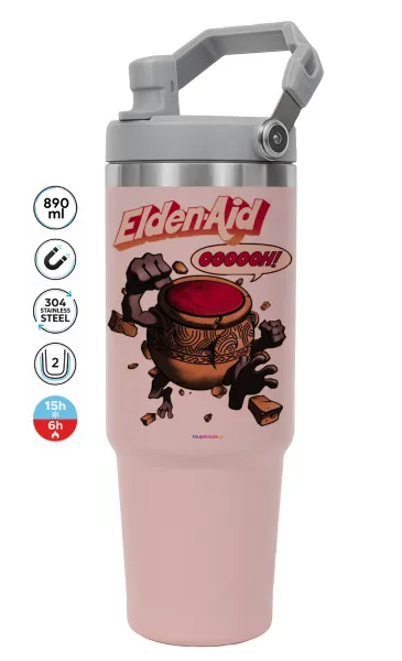 Elden-Aid — ΡΟΖ Travel Tumbler Θερμός με χερούλι και καλαμάκι 890ml