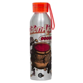 Elden-Aid, Elden Ring inspired , Αλουμινένιο Αθλητικό Μπουκάλι 650ml – Ασημί με Κόκκινο Καπάκι και Λουράκι Σιλικόνης